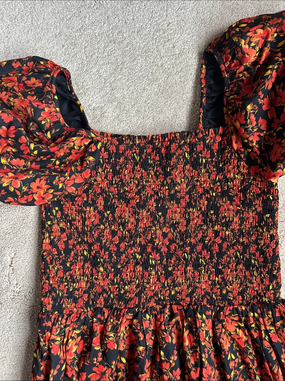 Girl's (teen) Black Dress with Red Floral Print Puff Sleeves